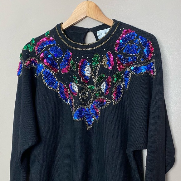VICKI INTERNATIONAL sequin bedazzled vintage sweater glam granny party MINT sz M - Picture 3 of 13